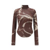 OUDE WAAG 25 Autumn and Winter Raglan Sleeve Ribbed Top OW-OW-25AW-TP07-ZHYH Brown and Gray Print